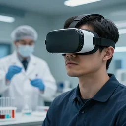beautiful hyper-realistic style cinematic work where a man with virtual reality glasses appears, in the background you can see a scientist using test tubes