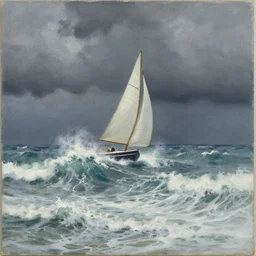 a painting depicts waves crashing against a ( ( ( sailboat ) ) )!!!! on rough seas below dark and stormy clouds, montague dawson