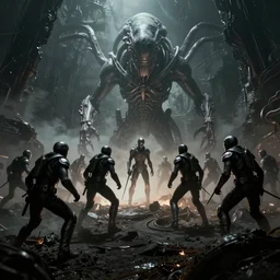an epic extraterrestrial battle on earth, in the style of starship troopers, epic scene, extremely detailed masterpiece, extremely moody lighting, glowing light and shadow, atmospheric, shadowy, cinematic, god lighting