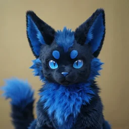 a blue - and - black male catbat fursona ( from the furry fandom ) with heterochroma and huge bat ears, photo portrait