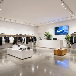 1 8 mm photograph atmospheric, realistic lighting, reflections, symmetry, balance, hyperdetailed, 8 k. large nike boutique flagship retail. white walls. polished concrete floor. display tables with shoes and clothes. low ceilings with downlights and spots. white corian and oak furniture. impressive counter. large digital screens on walls. verdant plants