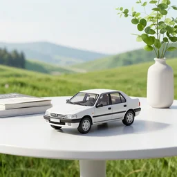 a small miniature of a Peugeot 309 on a white table near a book and a vase with a plant, 3d render, octane render, unreal engine 5, path tracing, serene landscape, calm, relaxing, beautiful landscape, highly detailed, high quality, 4k, symmetrical, low contrast