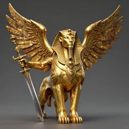 golden war sphinx with 2 arms as a giant blade, ornamented rusty golden wings on the back, sphinx concept, beksinski, ruan jia, warhammer tomb king