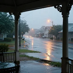 rainstorm, view from inside, porch, rain on the streets, street lights, photo realistic,