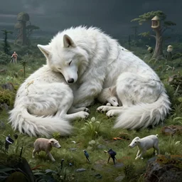 giant sleeping ( ( ( ( ( ( white canine ) ) ) ) ) ) creature creature creature creature in a lush tundra landscape, dramatic lighting, moody : : by michal karcz, daniel merriam, victo ngai and guillermo del toro : : ornate, dynamic, particulate, intricate, elegant, highly detailed, centered, artstation, smooth, sharp focus, octane render, 3 d