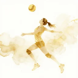 beautiful serene volleyball player, healing through motion, life, minimalistic golden ink airbrush painting on white background