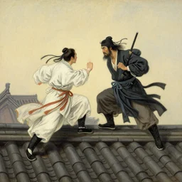 wuxia, fight on the roof, painting by gaston bussiere, craig mullins, j. c. leyendecker