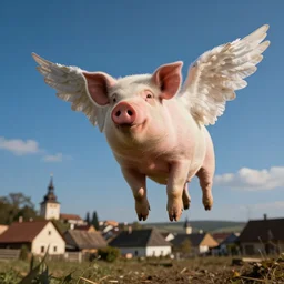 smiling pig with angel wings flying over romanian village, a blue sky, bokeh, dramatic lighting, professional photography