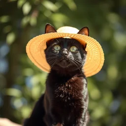 black cat in sunhat