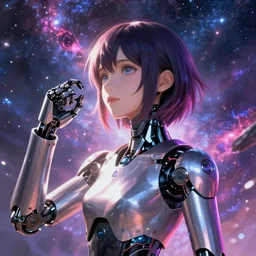 makoto shinkai. robotic android girl. futuristic cyberpunk. dystopia. vibrant nebula sky.................................................................................................................robotic arm wired pivot.