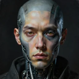 portrait of a cyberpunk character, ( ( ( art by lucian freud ) ) ), cybernetic implant, award winning, masterpiece, intricate, dramatic light, detailed face, highly detailed, asymmetrical, dark
