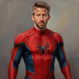 realistic. hyperdetailed. photorealistic. oil painting. ryan reynolds. red and black spider - man suit
