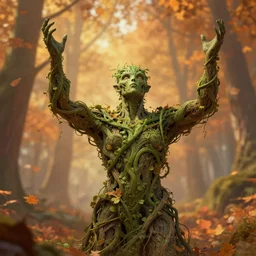plant elemental man made of vines, arms raised, autumnal atmosphere, detailed, concept art, smooth, sharp focus, illustration, greg rutkowski