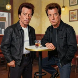 painting pulp fiction movie highly detailed full - body samuel l jackson and john travolta posing in cafe, by david lynch, twin peaks, perfect symmetrical eyes, 8 k resolution, digital art, hyper realistic