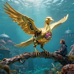 by ian miller and bjorn hurri, visually stunning, cinematic, ultra realistic, hyper realism, 1 2 k, epic, octane render, unreal engine, vfx, maya, aquatic : ♥🌊, a golden mechanical bird on a bough in istanbul : chimera incubator, a symbiont parasite that will manifest : new life