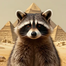 a front portrait of a evil raccon with pyramids in background, matte paiting