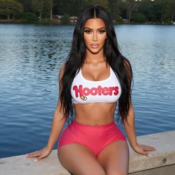 candid photo of kim kardashian wearing a hooters outfit sitting by a lake