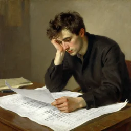 very attractive male architect looks over blueprints of his latest work, melancholy, nostalgia, painting by gaston bussiere, craig mullins, j. c. leyendecker