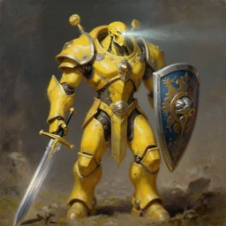 yellow human-sized warforged, detailed, humanoid android character with an iron paladin sword and a huge ornate shield, with a light beaming from his eye, by Roger Dean, by Anton Fadeev, by albert bierstadt, magical realism, oil on canvas, soft render, octane, artstation