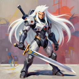 greg manchess portrait painting of a 2 yorha type a no. 2 as overwatch character!! holding a sword!!, white long hair, organic painting, sunny day, matte painting, bold shapes, hard edges, street art, trending on artstation, by huang guangjian and gil elvgren and sachin teng