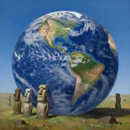 an oil painting of hyper realistic landscape of the earth in 1 b years, with some moai statue half burried