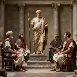 roman senators in the curia julia sitting around a roman emperor standing on a stand, volumetric lighting, hd, hdr, cinematic 4 k wallpaper, 8 k, detailed, high resolution, artstation, early medieval, realistic, roman, senate, cult