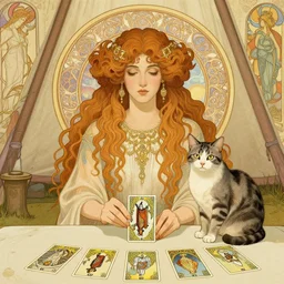 lady with long curly hair with a cat beside her, celtic spread tarot cards on a table in front of her, elegant face, in a gypsy tent with Alphonse Mucha art nouveau poster style, with thin lines and pastel colors,