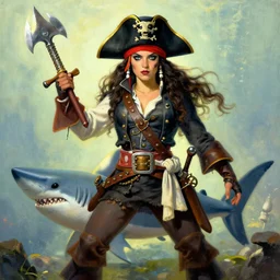 a shark pirate queen with melee weapons by ivan bilibin