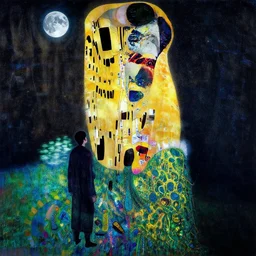 a robed figure standing at the side of a dark lake, looking at the reflection of the moon in the water :: illustrated in the style of klimt, moebius, alex grey :: psychedelic, moody, backlight, iridescent, fluorescent