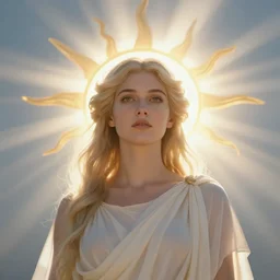 beautiful ethereal light delicate elegant portrait of a sun goddess with beams of light, sun, greek, highly detailed, realistic, 4 k photo, award winning