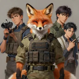 a fox tactical soldier mascot character posing for a picture, digital painting, masterpiece by rembrandt and thomas kinkade and frank frazetta and kentaro miura, by reiq and tite kubo, stylized yet realistic faces and anatomy, advanced lighting technology, beautiful, gorgeous brush strokes