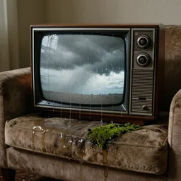 old television with storm clouds on the screen, water dripping, flooded 1 9 7 0 s apartment interior, couch, water damage, moss, sharp photograph