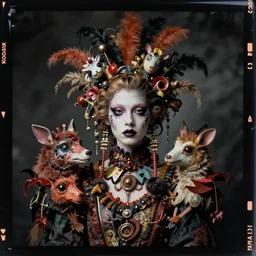kodak portra 4 0 0, wetplate, photo of a surreal artsy scene, girl, beautiful face, weird fashion, grotesque, carneval, animal, wtf, photographed by paolo roversi style