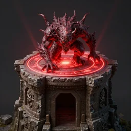 an ancient portal in the form of a carved stone foundation and a red luminous energy disk on top of it, from which an evil monster crawls out, hyper - detailed, artstation, cgsociety, 8 k