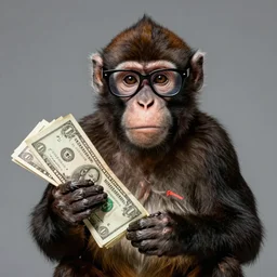 Monkey wearing cool glasses and holding dollar, studio lighting, 8k, award winning photography