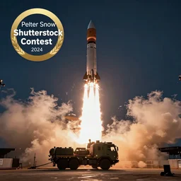 a rocket is being launched from a military vehicle, a stock photo by peter snow, shutterstock contest winner, video art, wide lens, anamorphic lens flare, stock photo