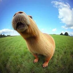 a capybara right in the camera, fish eye photo