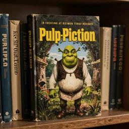 pulp fiction novel cover, shrek, vintage, retro, moody, book sitting on shelf, photorealistic