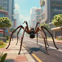 a beautiful high - quality photo of a large spider walking through a solarpunk city, roads, pavements, trees, volumetric lighting, hyperrealistic, 8 k