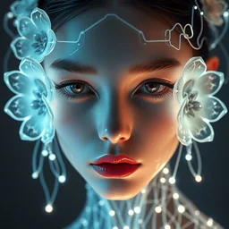 very up close symmetrical sci fi portrait of fashion elegant sophisticated of a translucent digital porcelain beautiful dainty cyborg lolita girl, dramatic lighting, ultra detailed ornate neon wire decoration, radiant skin, complex white nano mechanical baroque flowers, micro detail, by satoshi kon, sharp focus, trending on artstation hq, deviantart, pinterest, unreal engine, 8 k