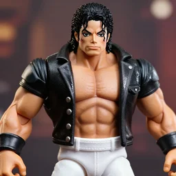michael jackson oversized muscular hulked powerlifter by neca!!! pretty! beautiful! shirtless muscular white pants black sequined jacket very detailed realistic action figure by neca. face very close up shot headshot. in the style of tekken 5, character from mortal kombat, film still, bokehs