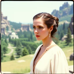 film still of emma watson as princess leia organa in star wars, polaroid, photography, film, kodak, beautiful landscape, alderaan, green, trees, foliage, futuristic buildings