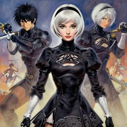 by hikari shimoda, ilya kuvshinov, a gouache painting in the style of nier automata, a detailed 3 d render of audrey hepburn as a yorha android, yoshitaka amano, by shaun tan, by good smile company, portrait, cgsociety, artstation, a modular costume and headpiece, action adventure scene