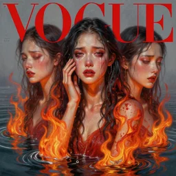 3 d, crying fashion model, flame, liquid water, morning, vogue cover style, poster art, high detail, intricate oil painting, multiple exposure, hell mood, hyperrealism, 3 d, by tooth wu and wlop and beeple and greg rutkowski