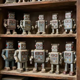 a dusty shelf full of old robot toys from the 1940s to 50s. Everything is covered in a layer of dust. Hyper realistic, intricate details, octane render