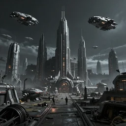 night on corellia, coronet city, starport, spaceships flying above, cyberpunk, gritty, 4k resolution, matte
