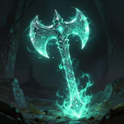 Glowing DND Battleaxe emanating teal energy, dungeons and dragons, highly detailed, digital painting, 8k, HD