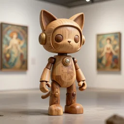 wooden sculpture on feet art toys, a very cute mystical robot of the bohemian with cats ears, 3 d octane render ultra 8 k photorealistic hyper detailed unreal engine a, vhs, futurepunk, concept art, trending on cgsociety, artwork masterpiece, in a contemporary art gallery, lossless quality, art by alphonse mucha
