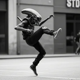 xenomorph doing kickflip, bw street photography