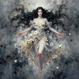 full body portrait, beautiful goddess of sworming flowers, magical, with pale skin, blue eyes, long black hair, floating in a misty daze,  by pete mohrbacher and greg rutkowski, watercolor painting, deviantart, pinterest